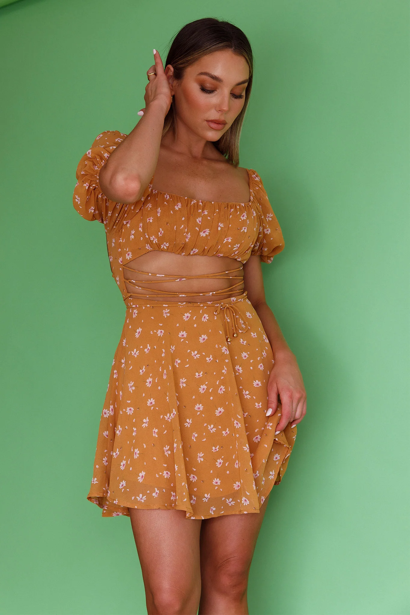 Full Hearts Lace-Up Waist Dress Floral Orange - Image 5