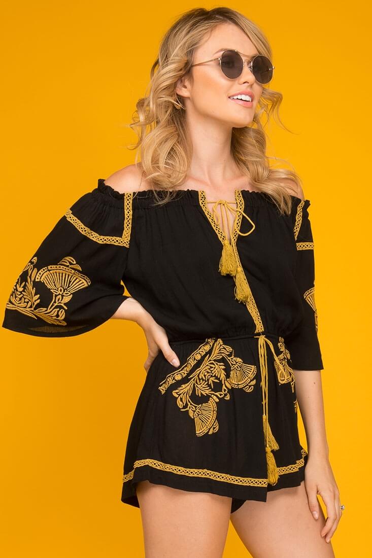 Gabriella Embroidered Tassel Romper Black - Image 4