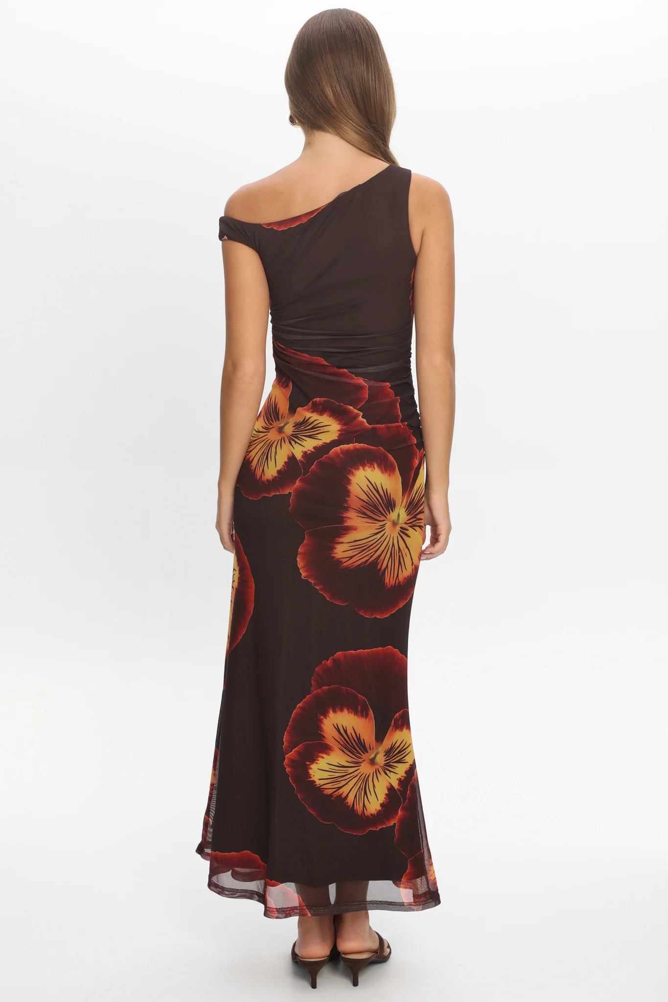 Gala Asymmetric Neckline Maxi Dress Floral Brown - Image 3