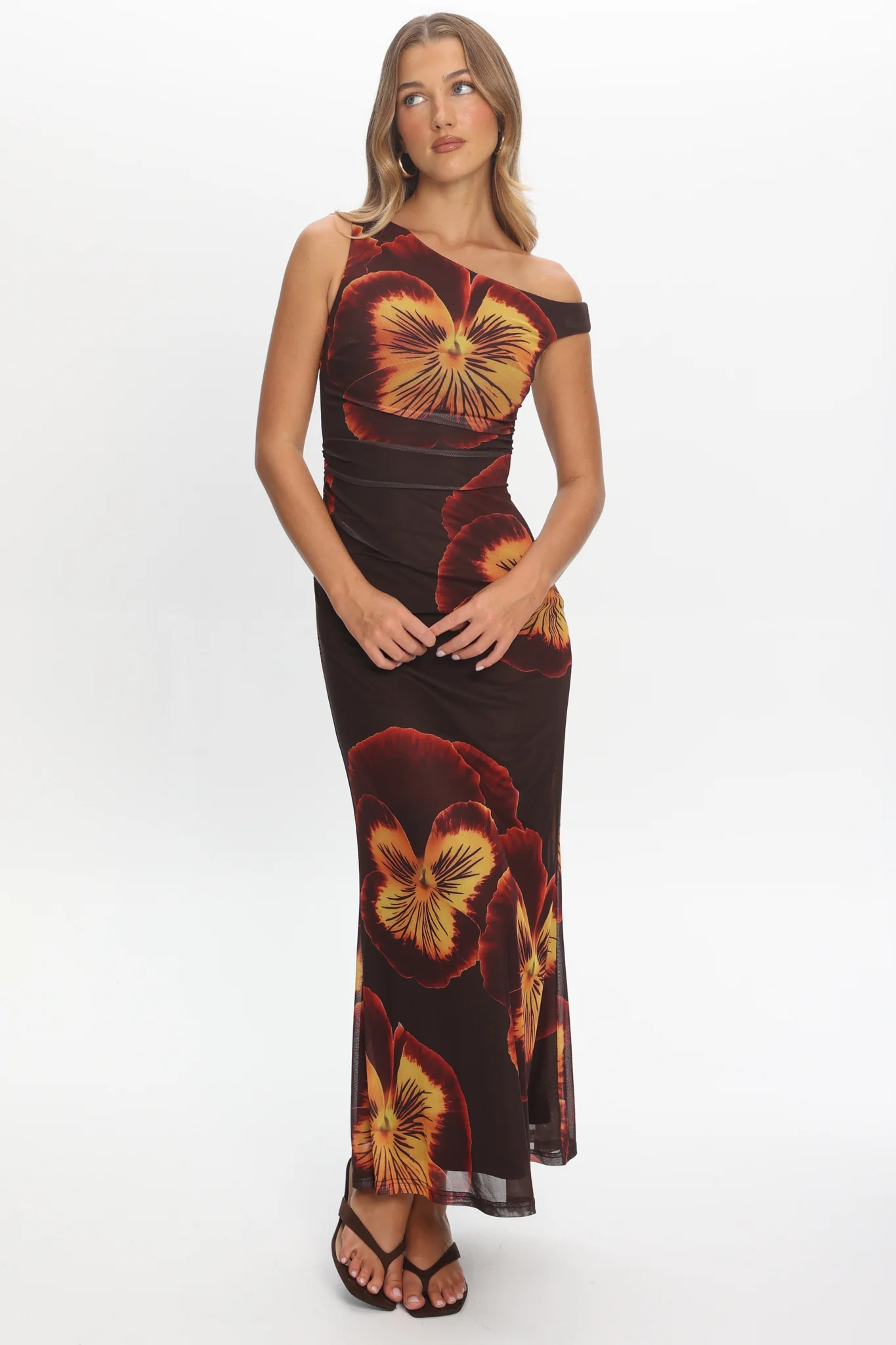 Gala Asymmetric Neckline Maxi Dress Floral Brown - Image 5