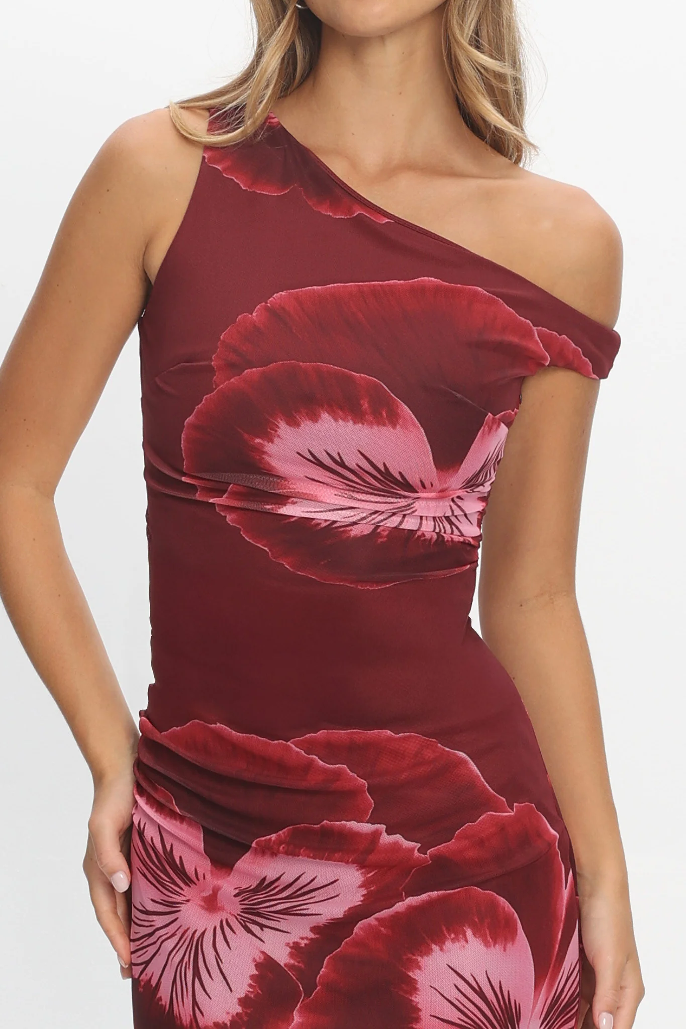 Gala Asymmetric Neckline Maxi Dress Floral Wine - Image 4