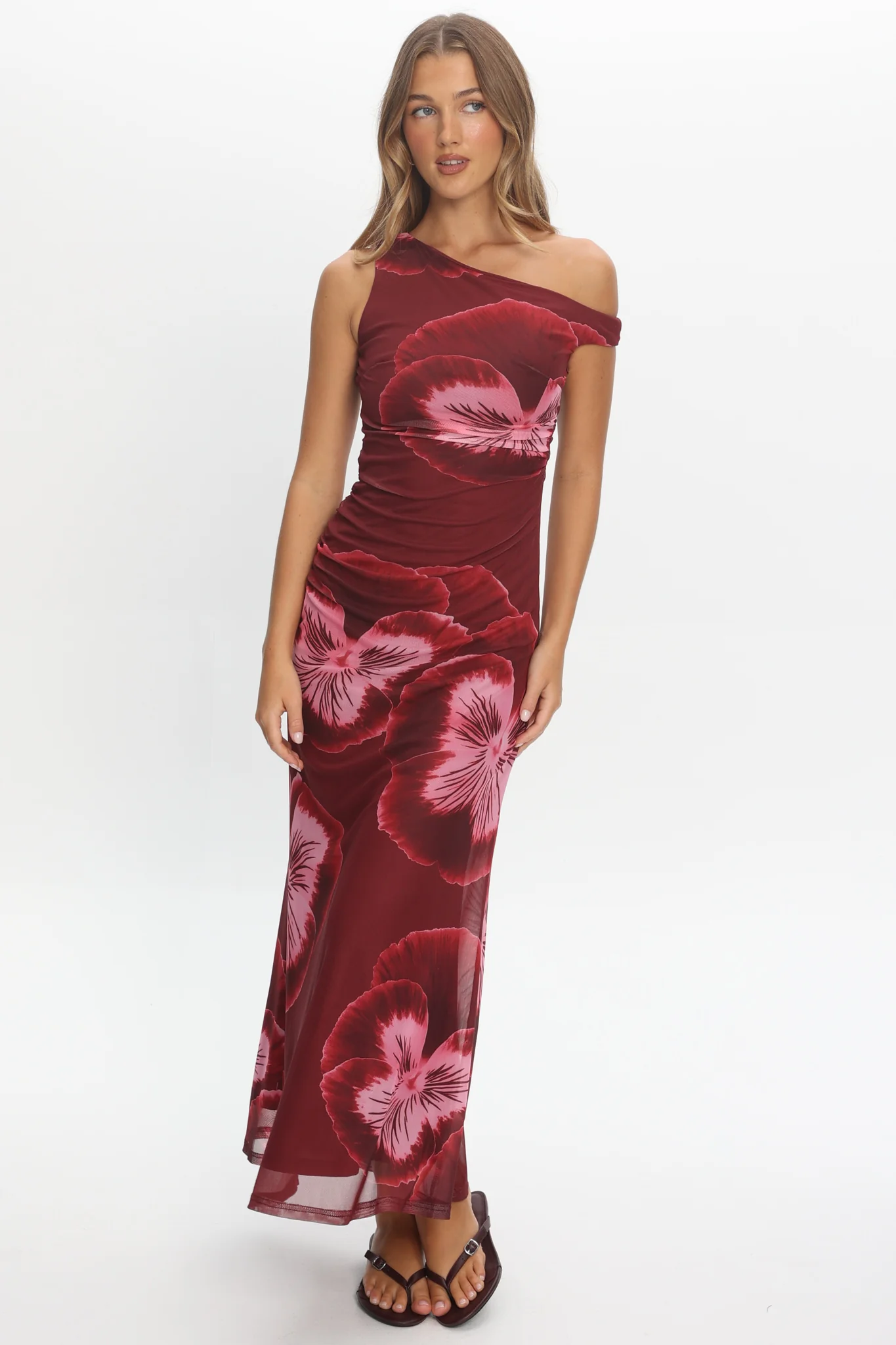 Gala Asymmetric Neckline Maxi Dress Floral Wine - Image 5
