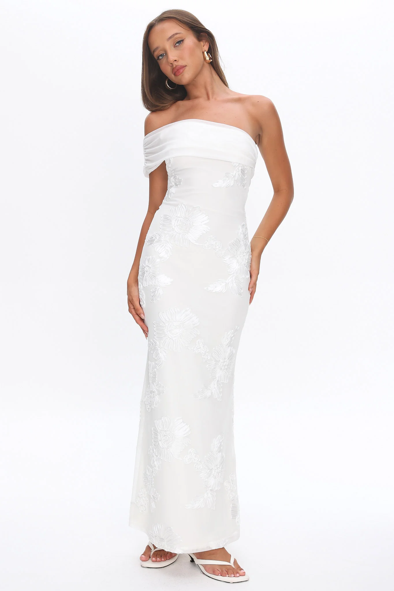 Gala One-Shoulder Maxi Dress Embellished White - Image 5