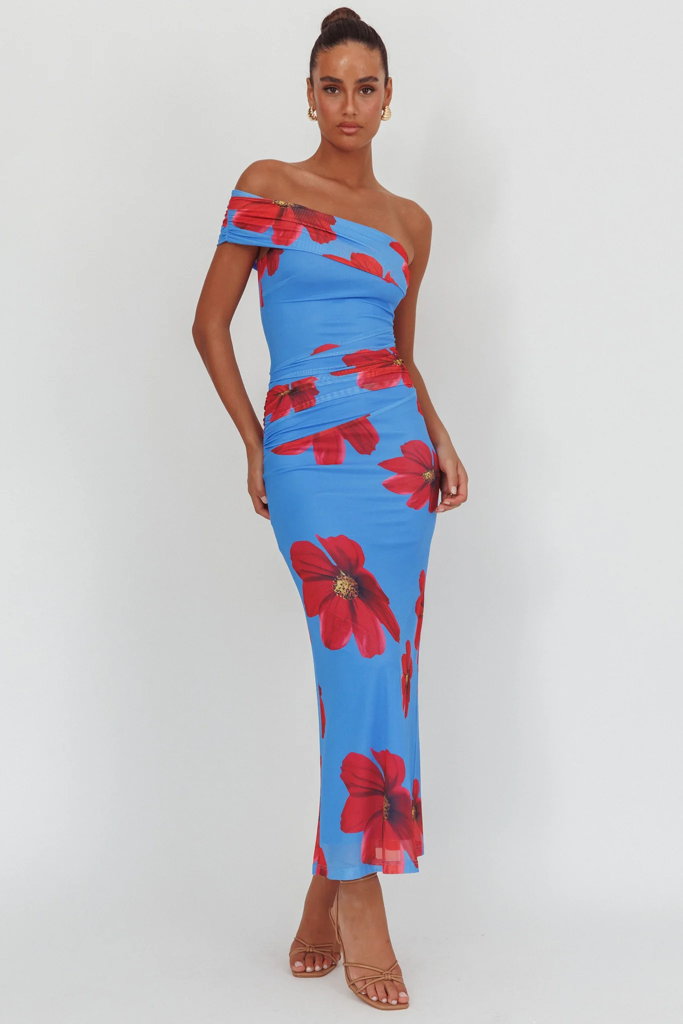 Gala One-Shoulder Maxi Dress Floral Blue - Image 4