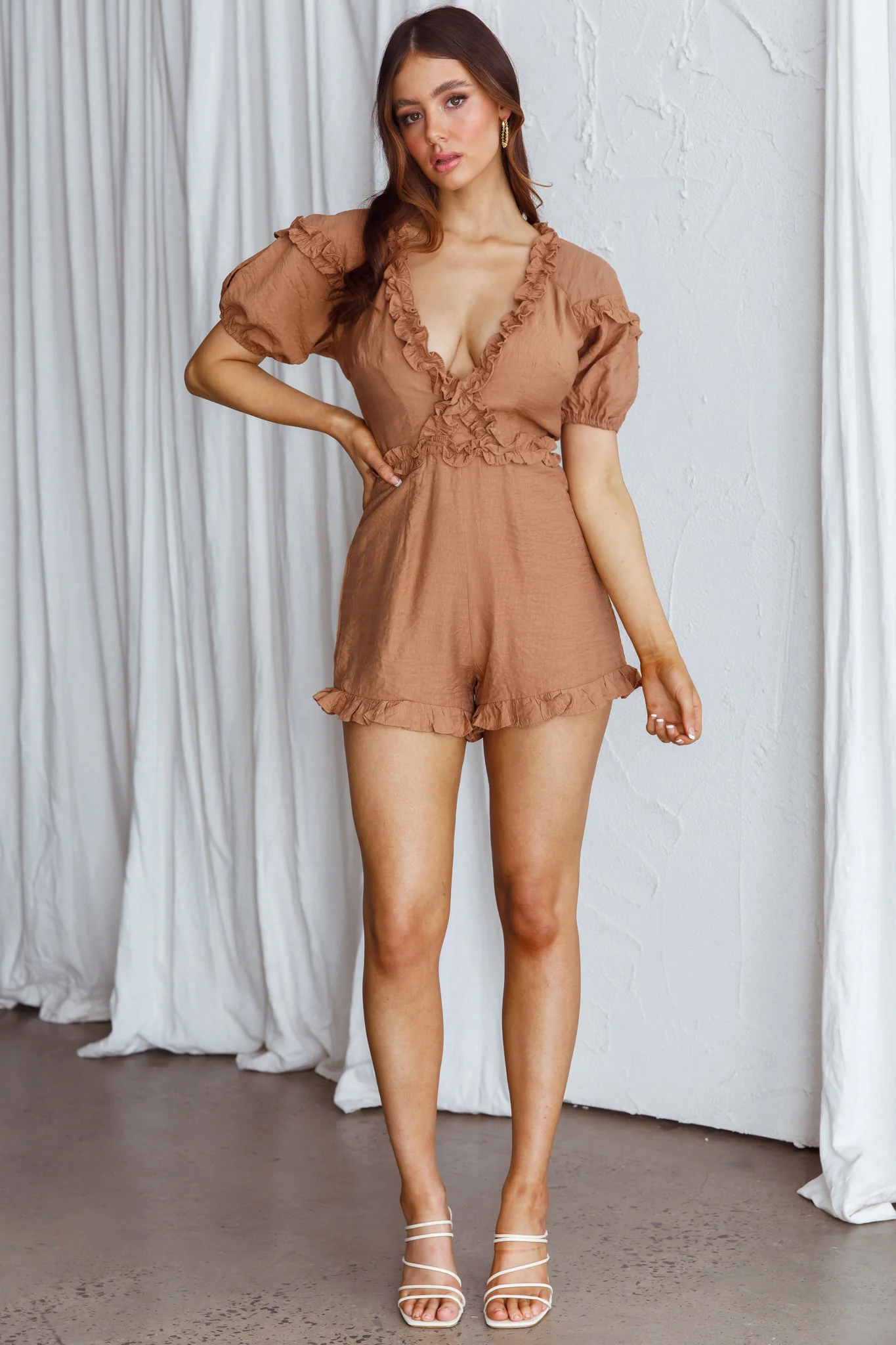 Galatia Frill Trim Puff Sleeve Romper Tan - Image 3