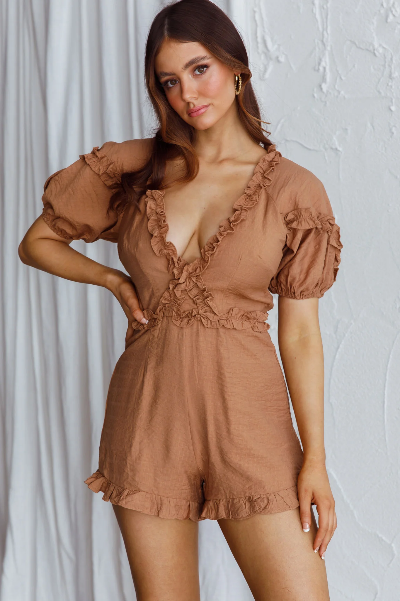 Galatia Frill Trim Puff Sleeve Romper Tan - Image 6