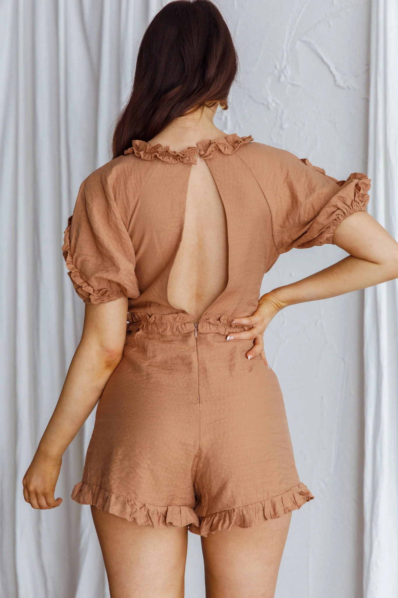 Galatia Frill Trim Puff Sleeve Romper Tan - Image 7