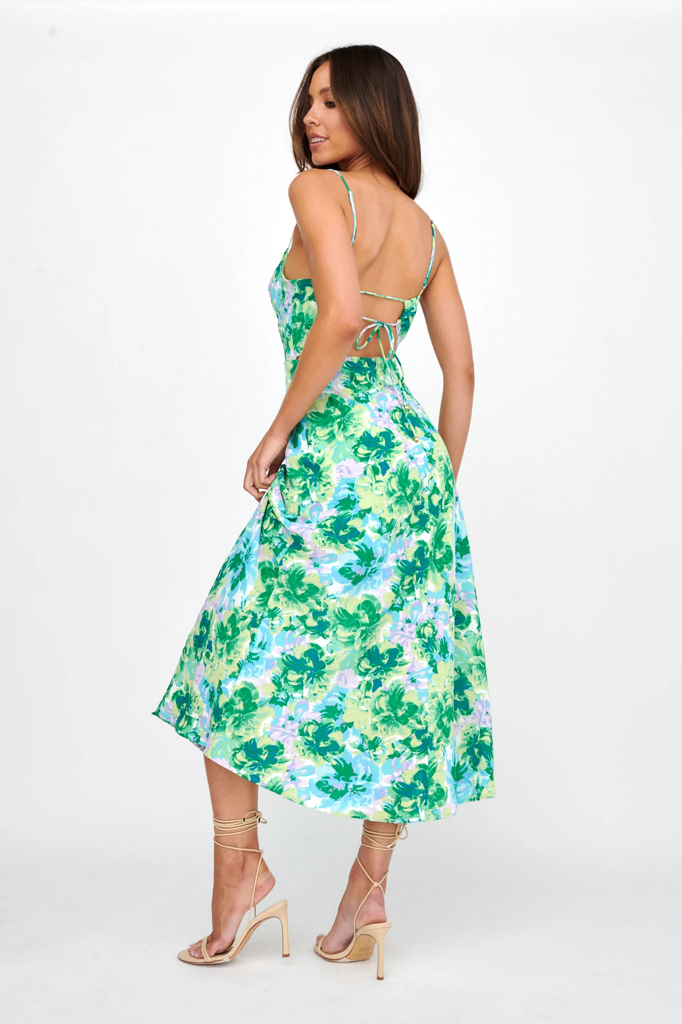 Galilea Tied Back Midi Dress Floral Green - Image 2