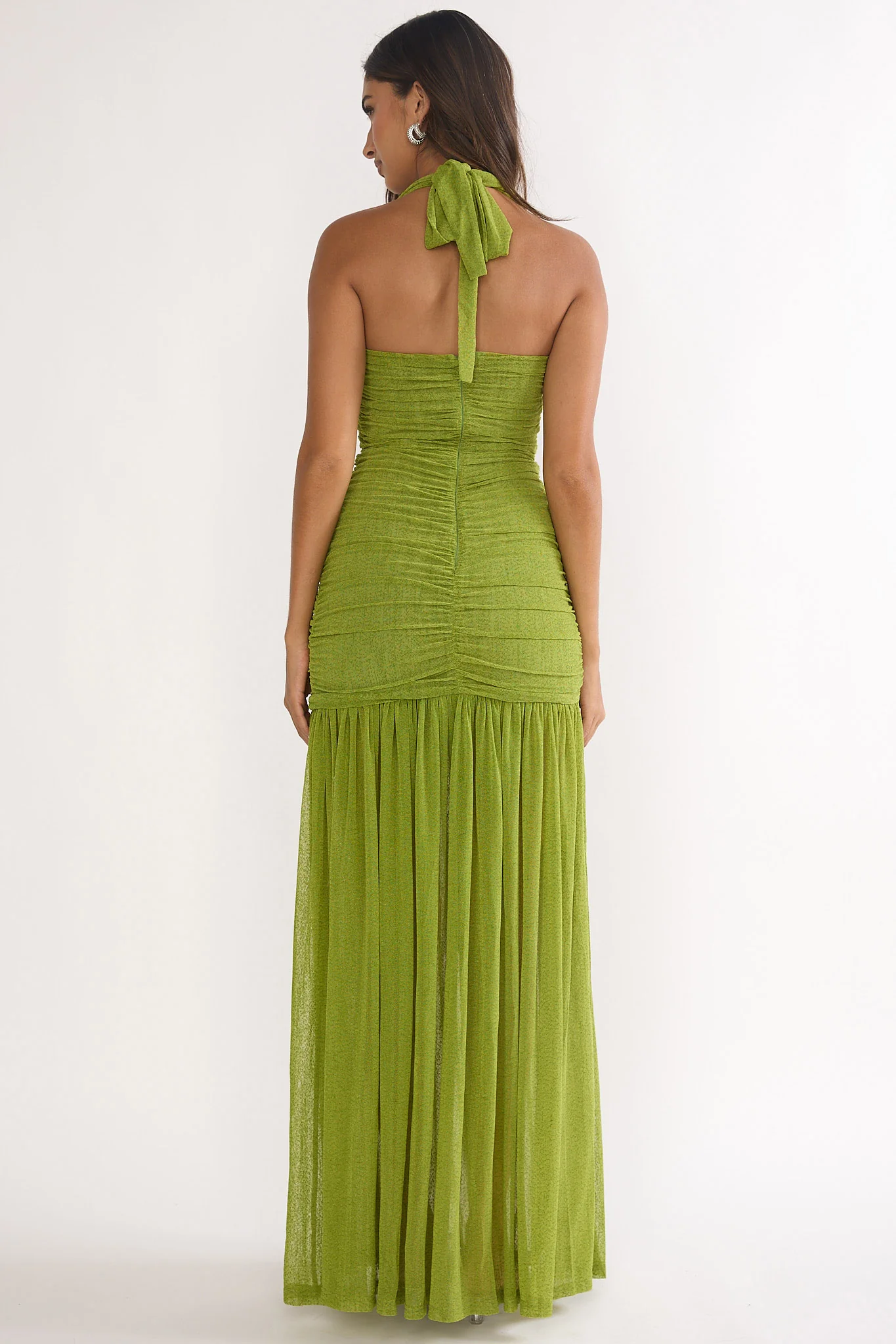 Galinda Ruched Bodice Halterneck Maxi Dress Olive - Image 2