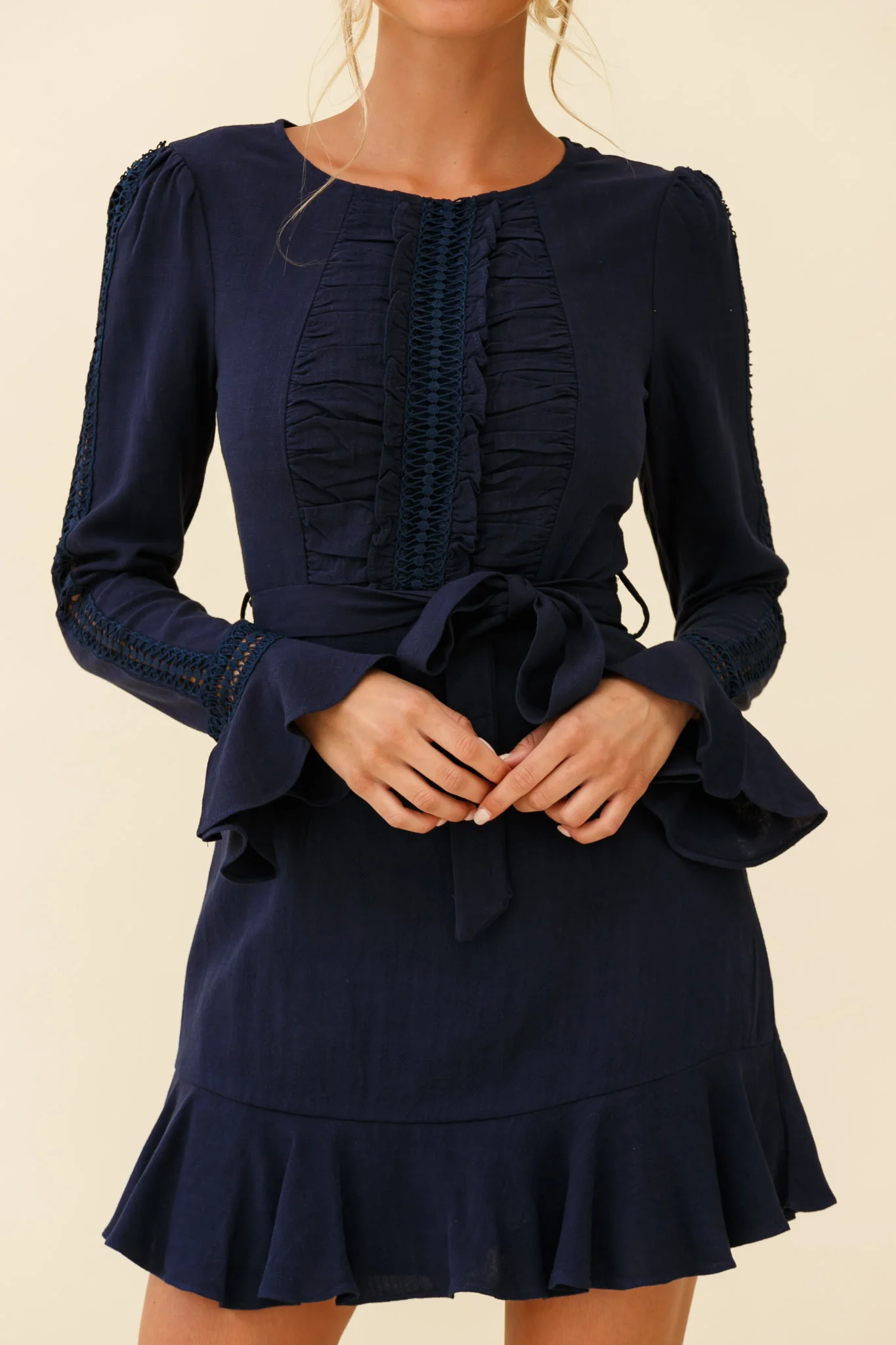 Gardenia Long Sleeve Frill & Crochet Trim Dress Navy - Image 4