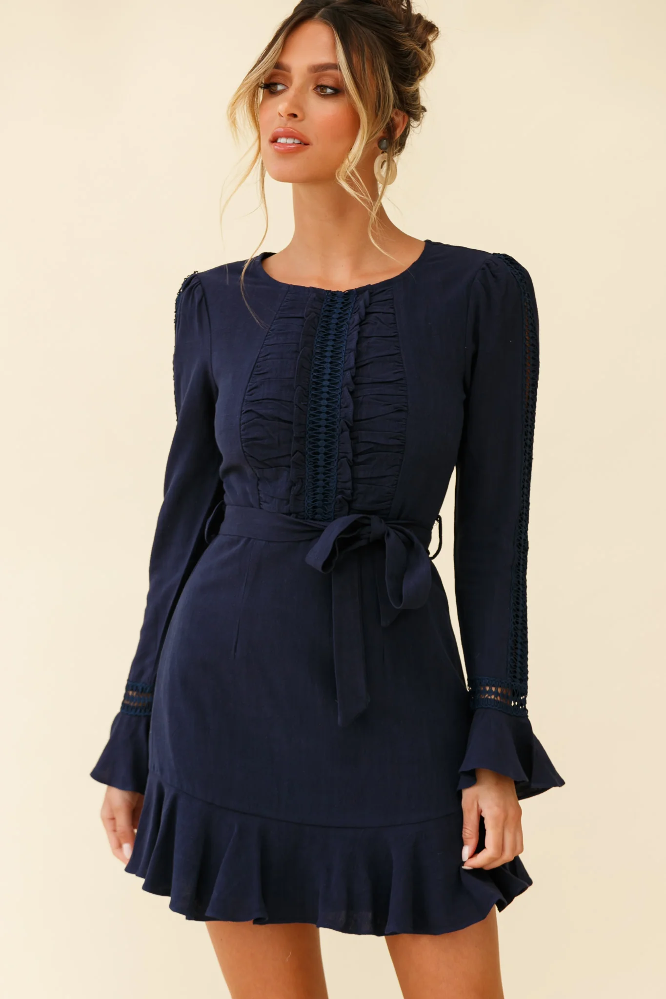 Gardenia Long Sleeve Frill & Crochet Trim Dress Navy - Image 5