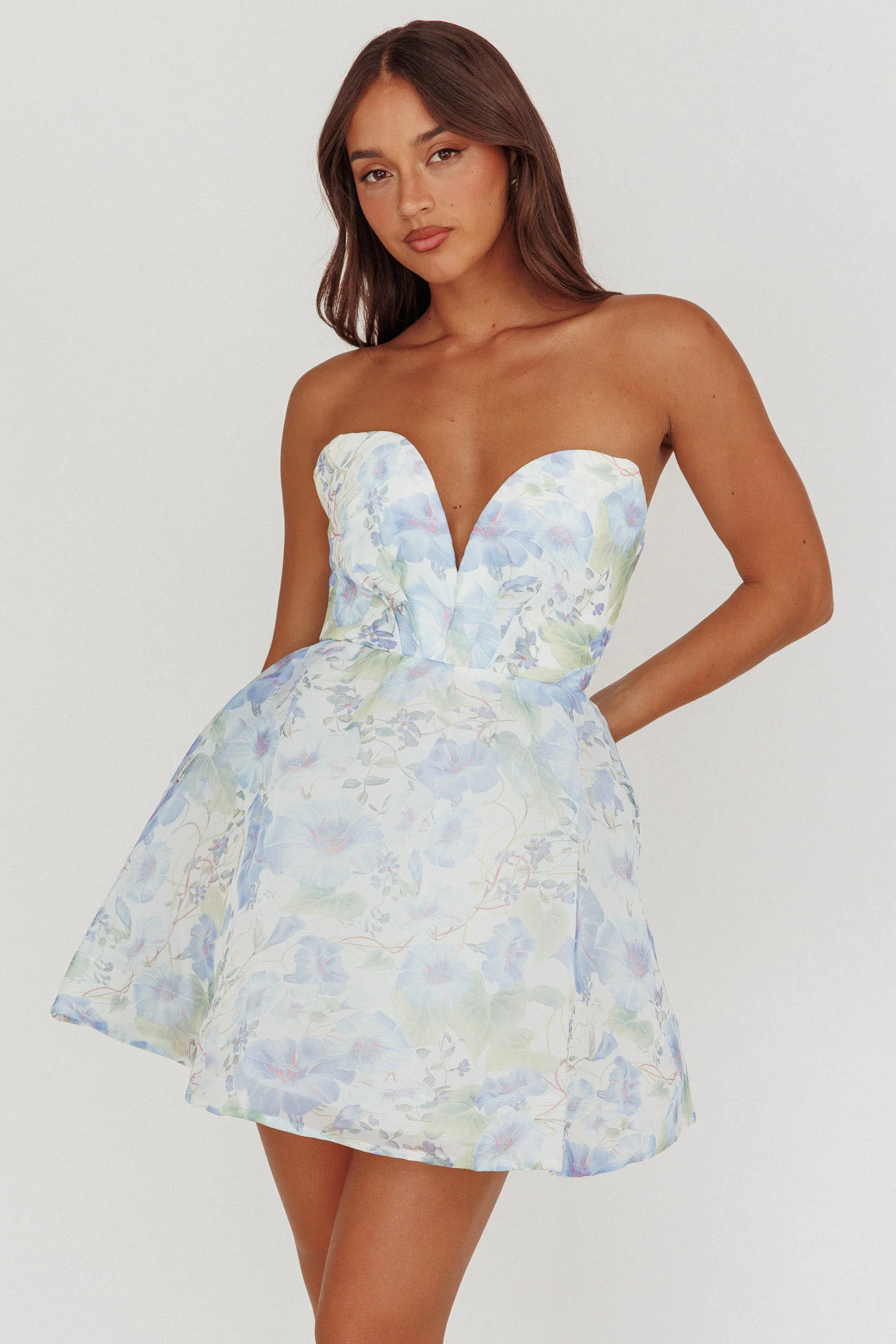 Gem Deep Sweetheart Neckline Mini Dress Floral Blue - Image 5