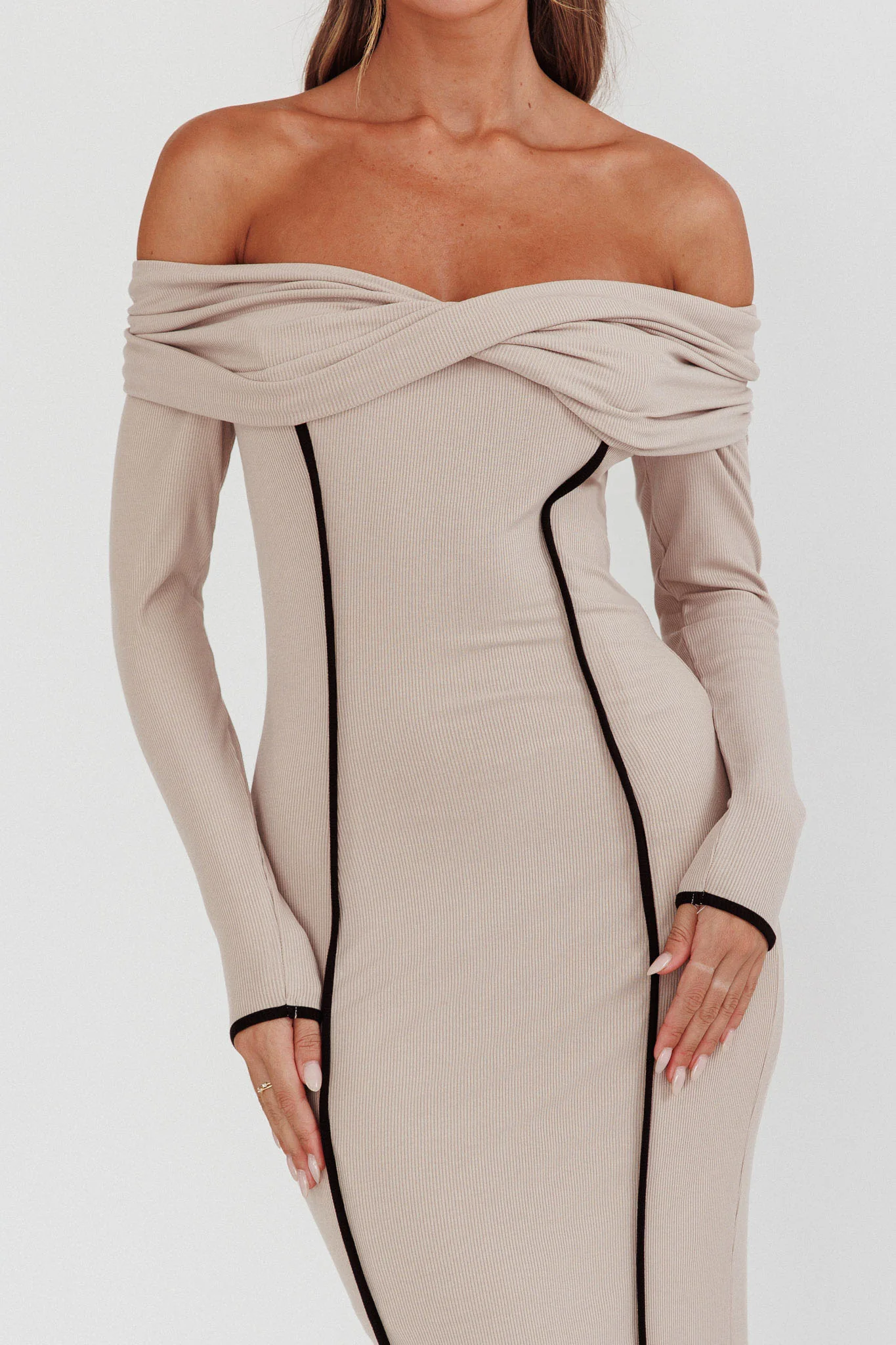 Genesis Off-Shoulder Long Sleeve Maxi Dress Pebble - Image 4