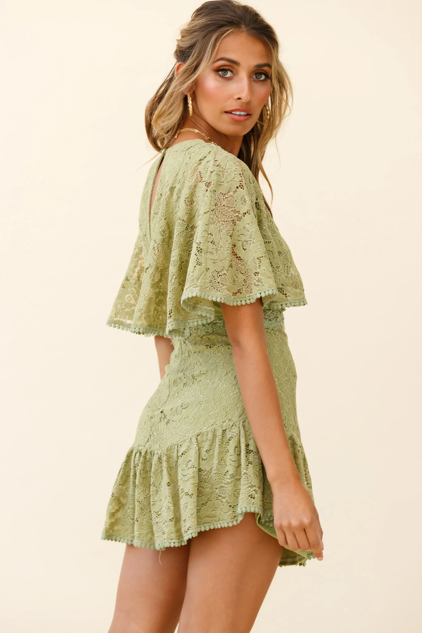 Geneva Cape Sleeve Lace Dress Khaki - Image 5