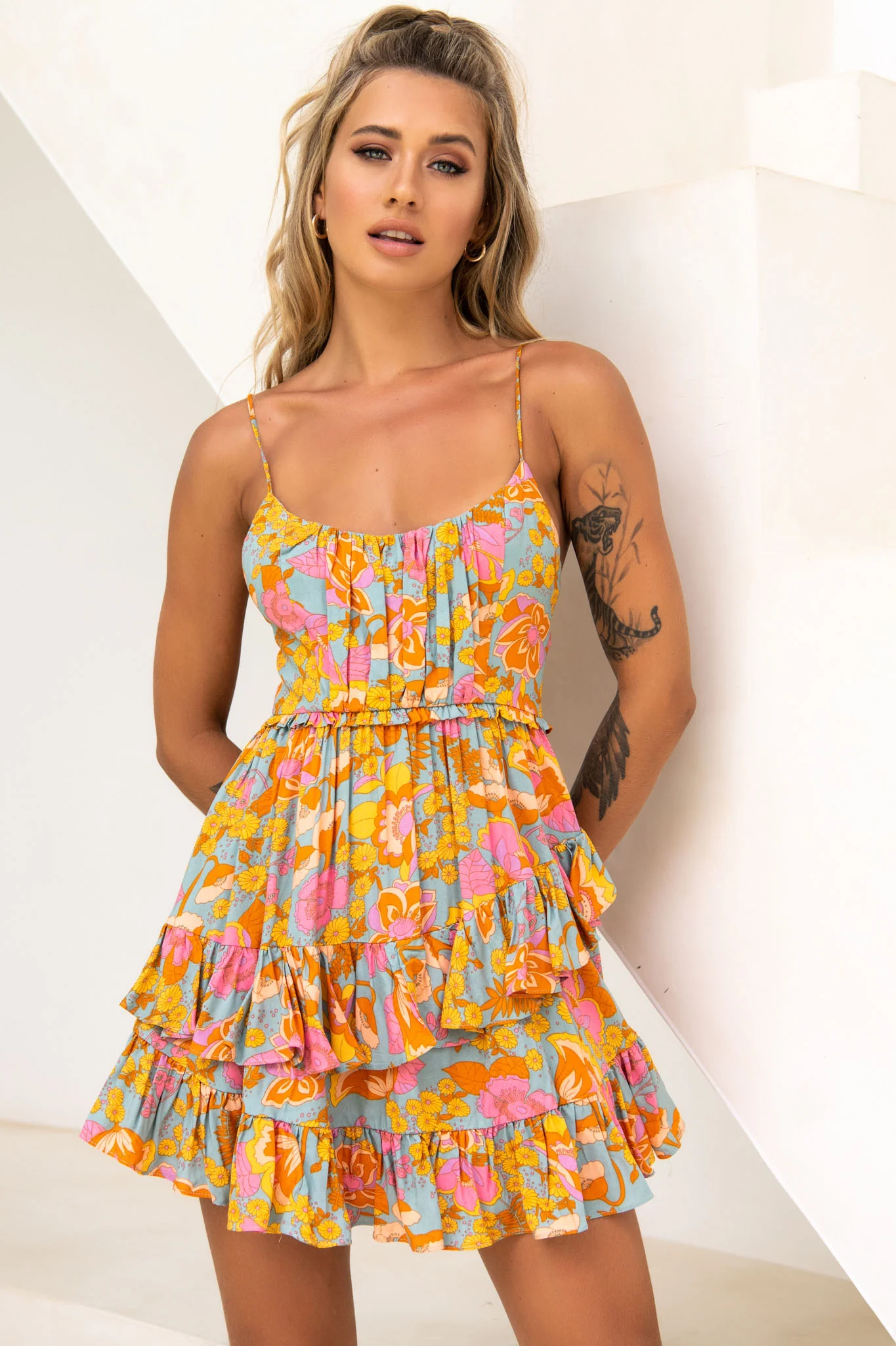 Geordie Ruched Bust Frill Trim Dress Floral Print Aqua Multi - Image 4