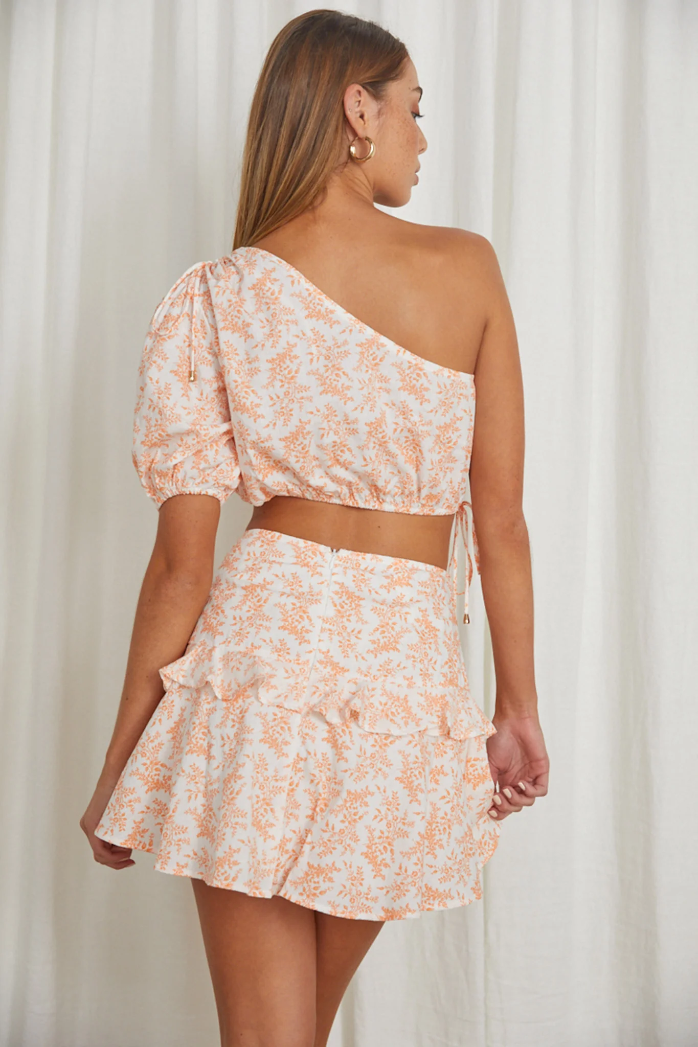 Georgette One-Shoulder Crop Top Floral Orange - Image 4