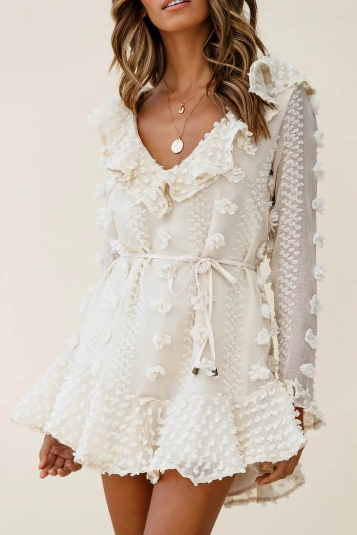 Georgie Long Sleeve Frill Neckline Embellished Chiffon Dress Beige - Image 5
