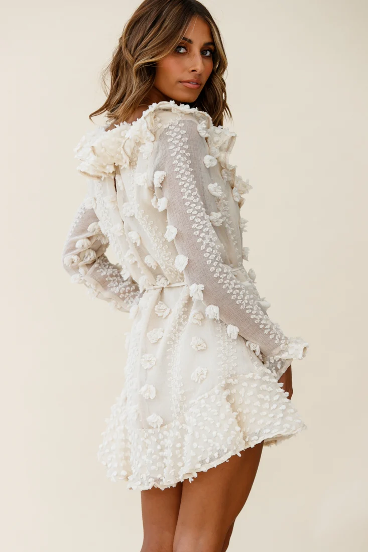 Georgie Long Sleeve Frill Neckline Embellished Chiffon Dress Beige - Image 6