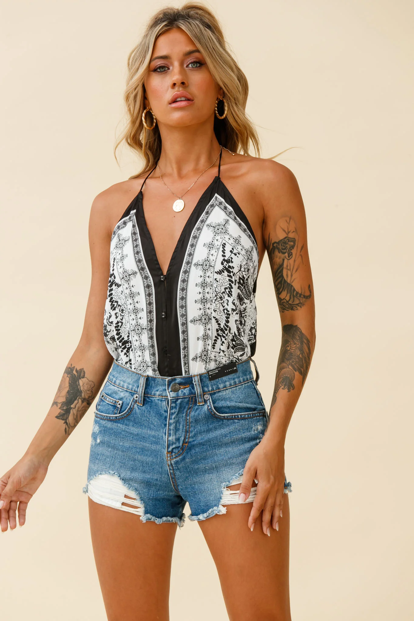 Get Loud Button Front Open Back Bodysuit Paisley Print Black - Image 5