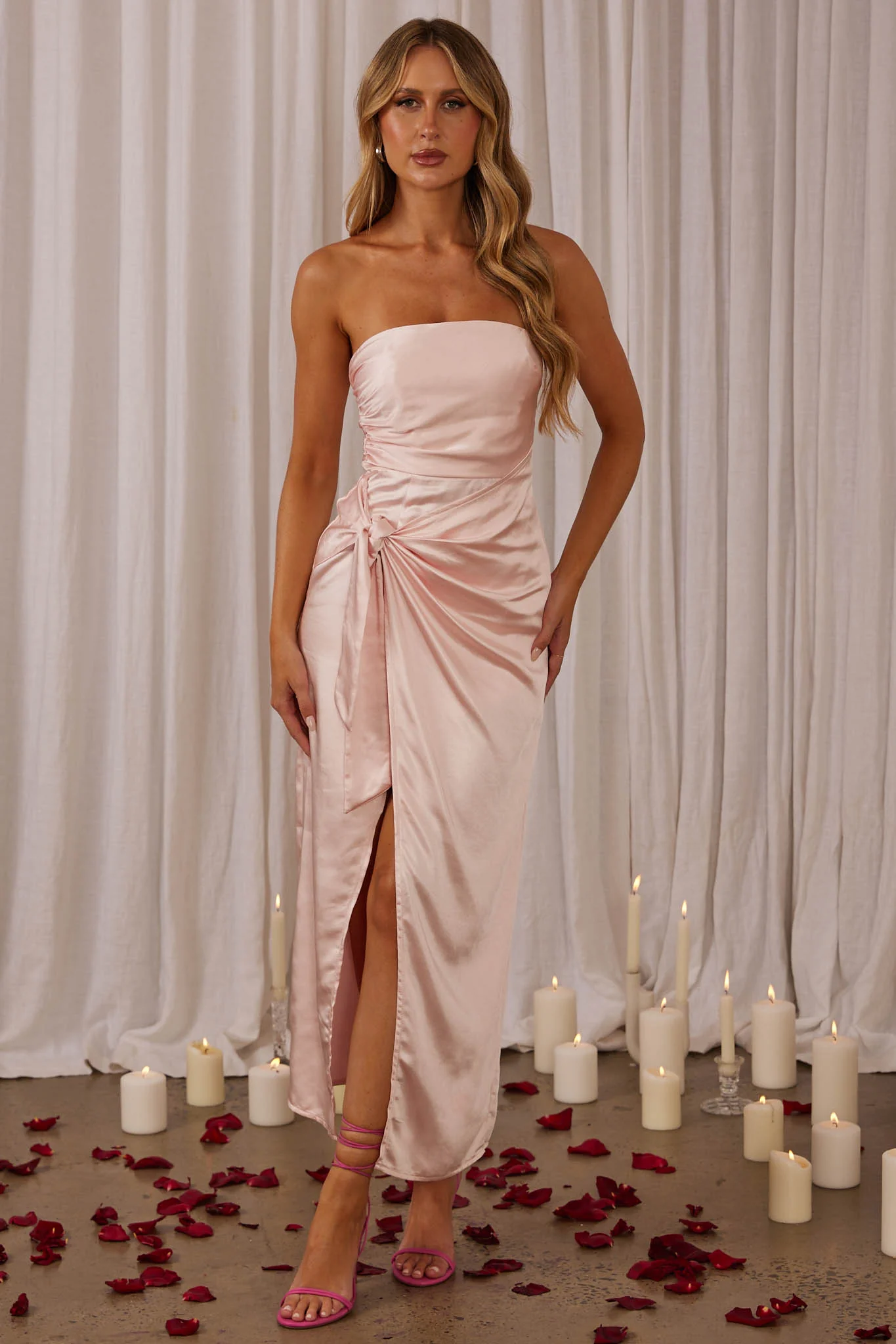 Gianna Strapless Waist Tie Midi Dress Blush - Image 5