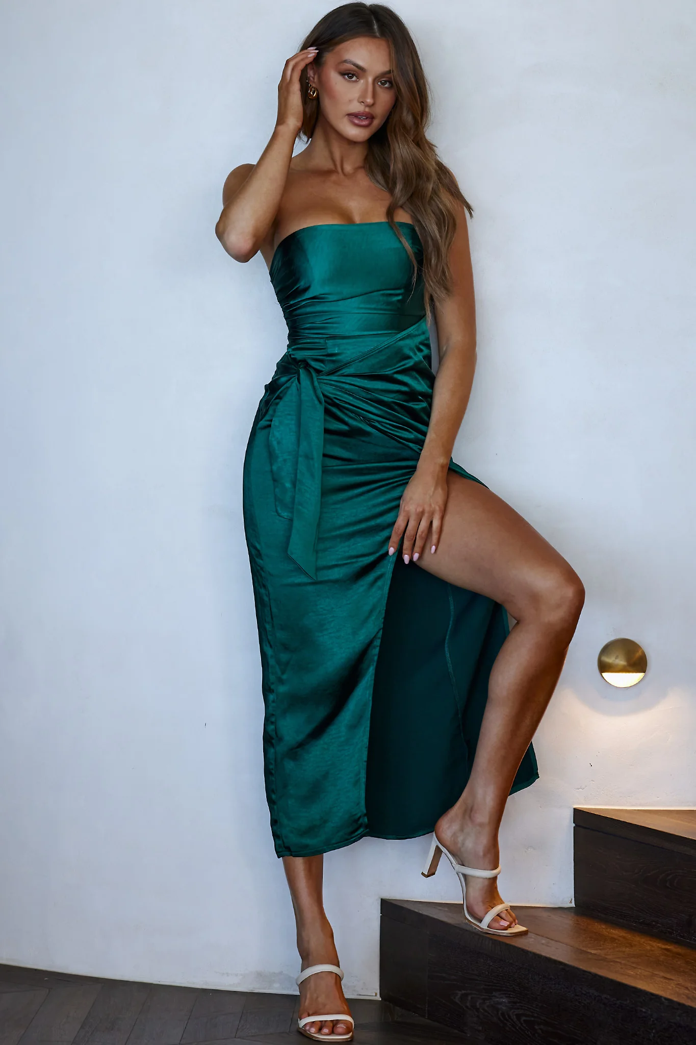 Gianna Strapless Waist Tie Midi Dress Forest Green - Image 8