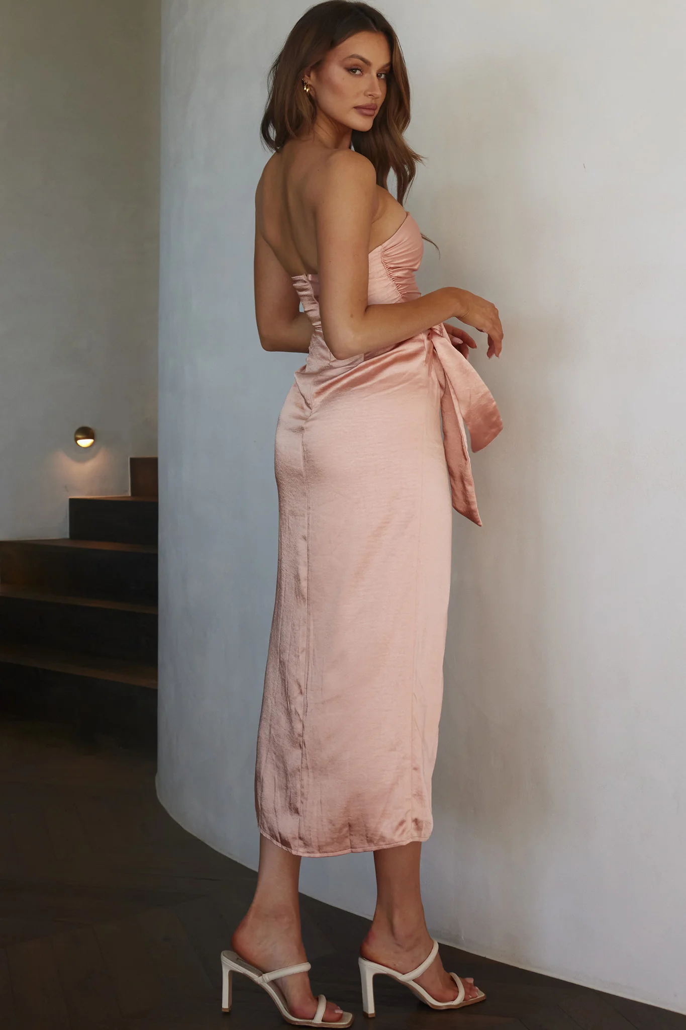 Gianna Strapless Waist Tie Midi Dress Peach - Image 9