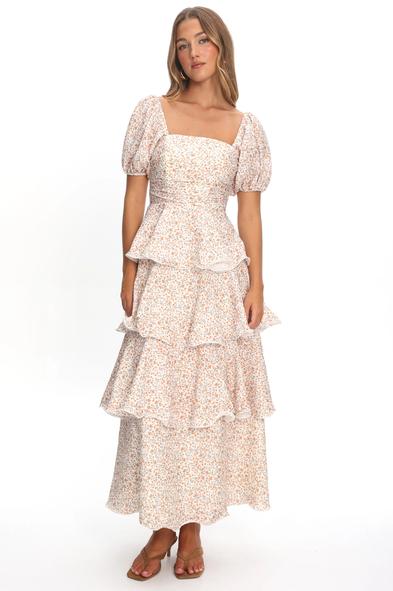 Giavana Puff Sleeve Layered Maxi Dress Orange - Image 2
