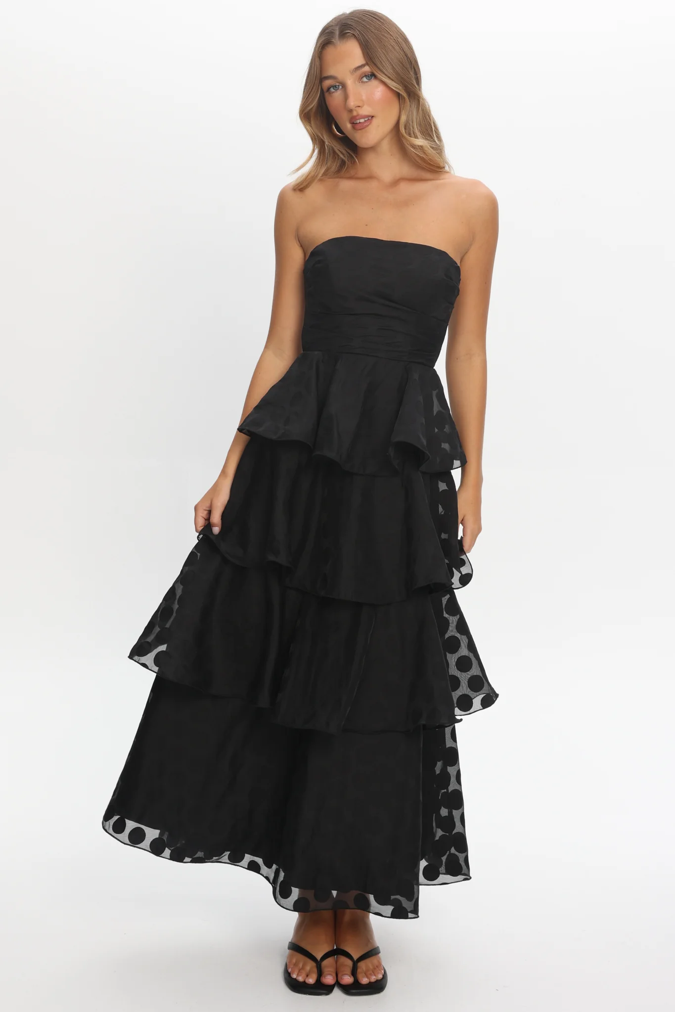 Giavana Strapless Layered Maxi Dress Polka Dot Black - Image 2