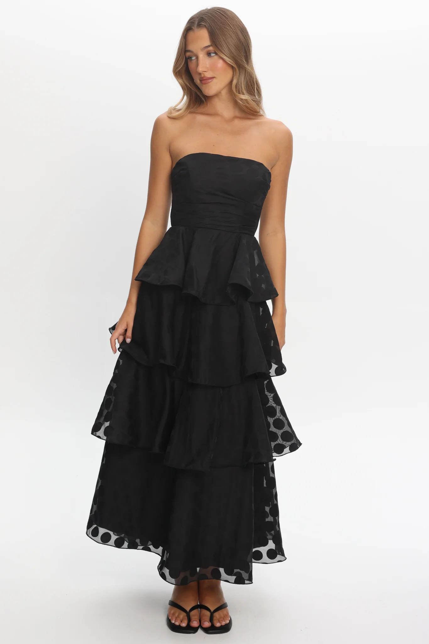 Giavana Strapless Layered Maxi Dress Polka Dot Black - Image 5