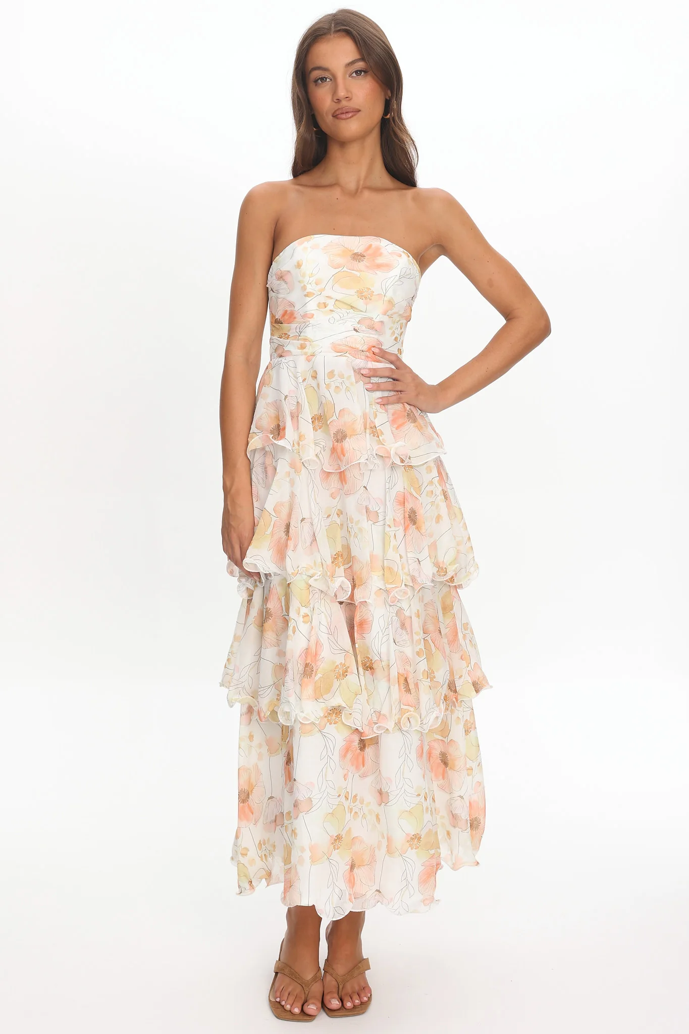 Giavana Strapless Layered Midi Dress Floral Beige - Image 4