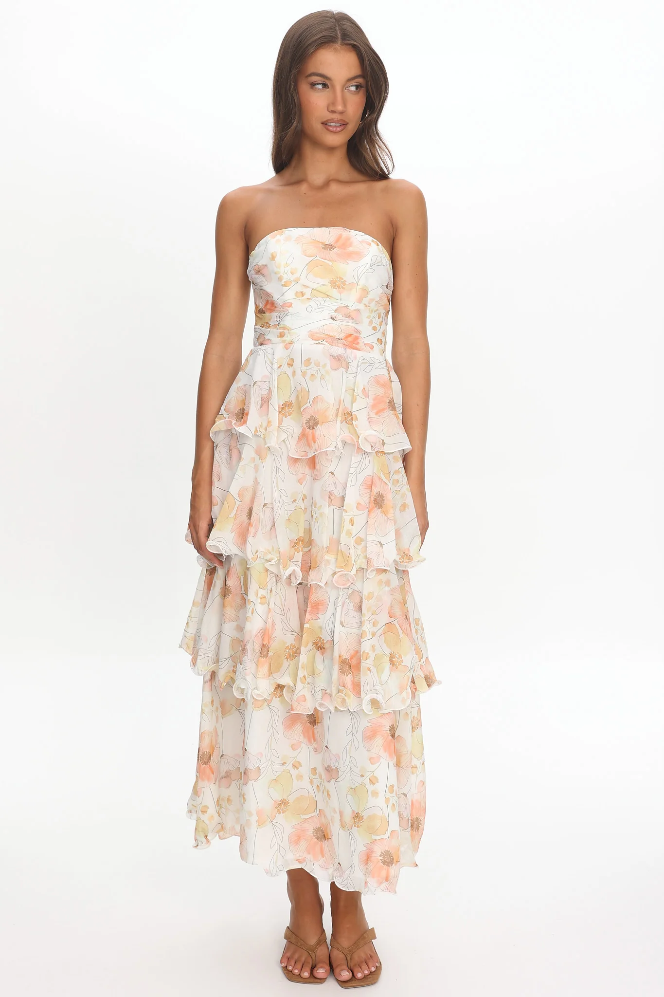Giavana Strapless Layered Midi Dress Floral Beige - Image 5