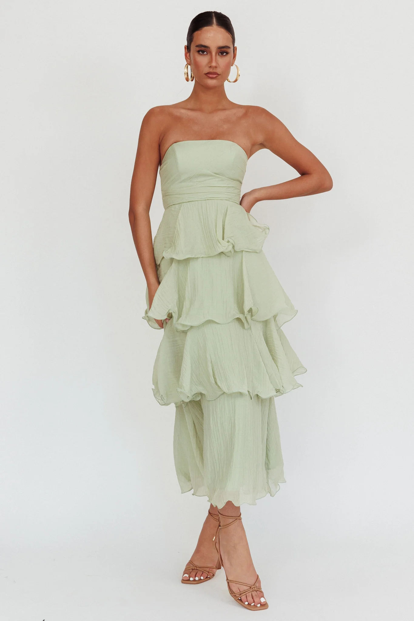 Giavana Strapless Layered Midi Dress Sage - Image 5