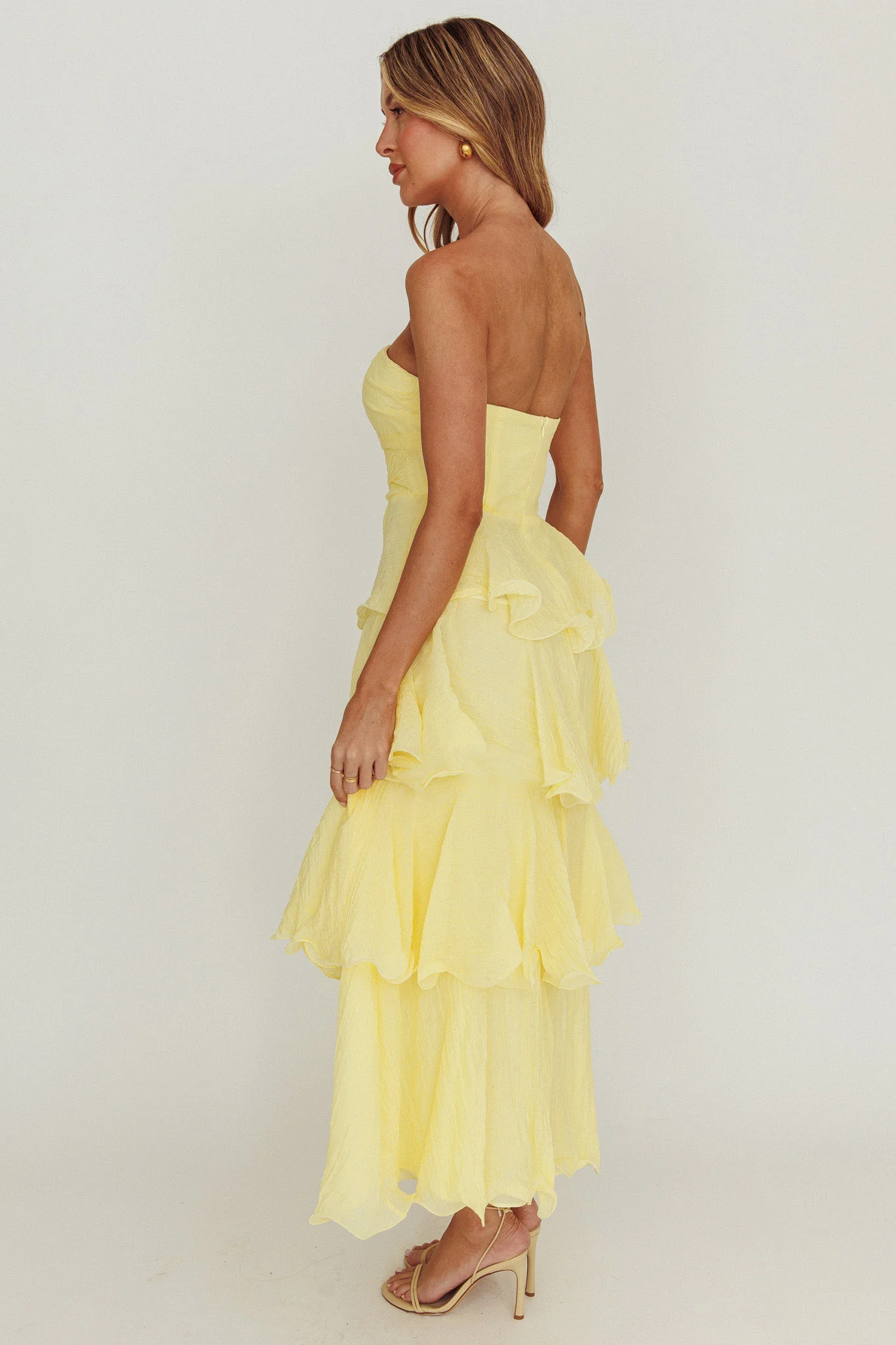 Giavana Strapless Layered Ruffles Midi Dress Lemon - Image 3