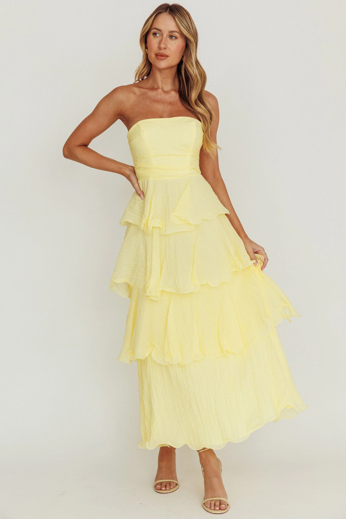 Giavana Strapless Layered Ruffles Midi Dress Lemon - Image 4