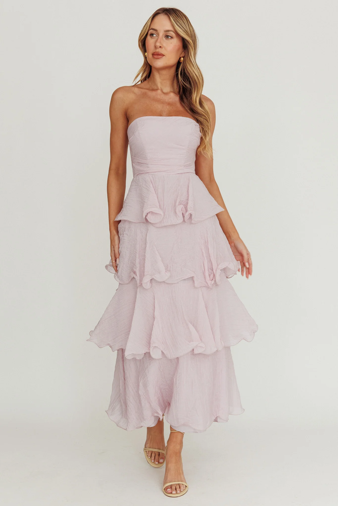 Giavana Strapless Layered Ruffles Midi Dress Lilac - Image 5