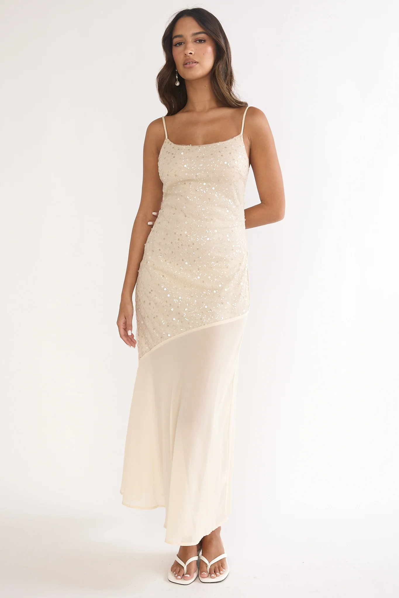 Gilded Dream Chiffon Hem Maxi Dress Sequin Oyster - Image 4