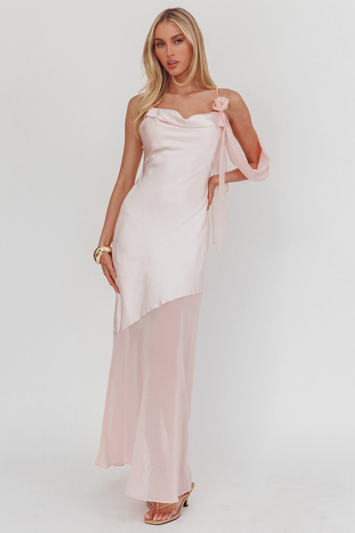 Gilded Dream Shoulder Detail Chiffon Hem Maxi Dress Blush - Image 4