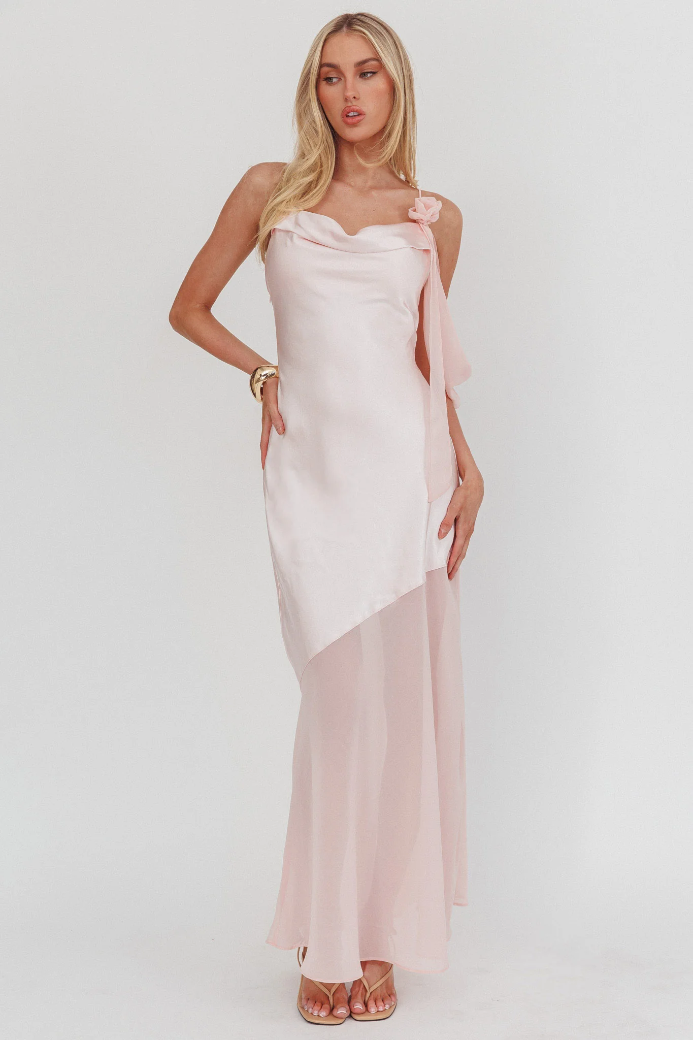 Gilded Dream Shoulder Detail Chiffon Hem Maxi Dress Blush - Image 5