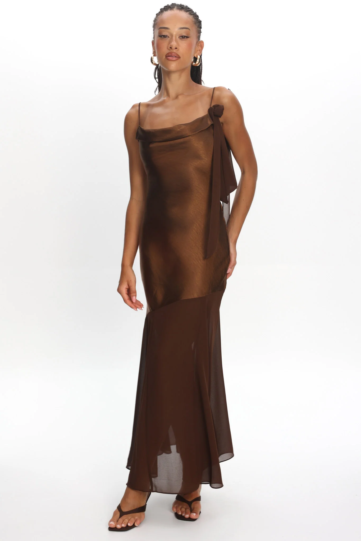Gilded Dream Shoulder Detail Chiffon Hem Maxi Dress Chocolate - Image 5