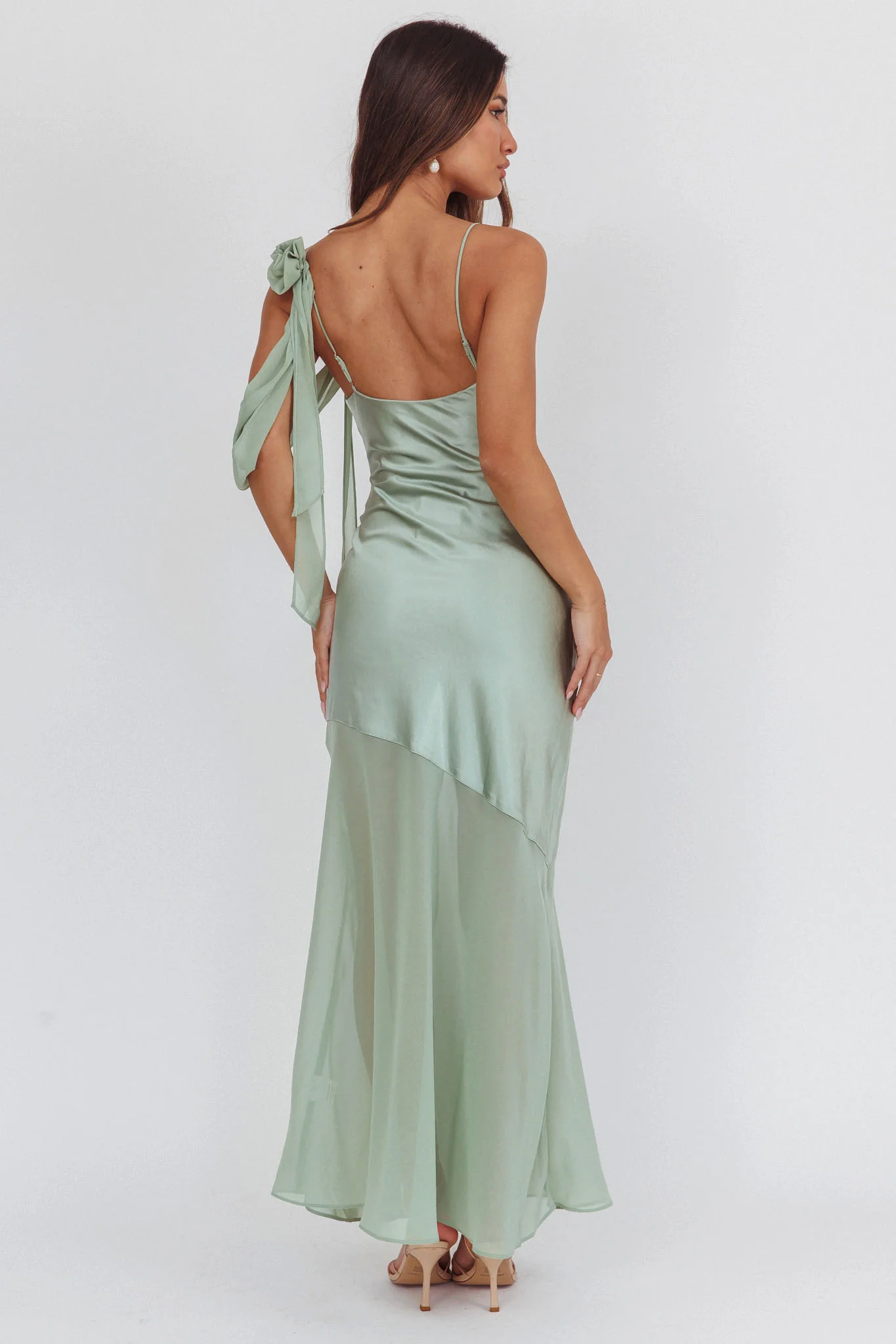 Gilded Dream Shoulder Detail Chiffon Hem Maxi Dress Sage - Image 2