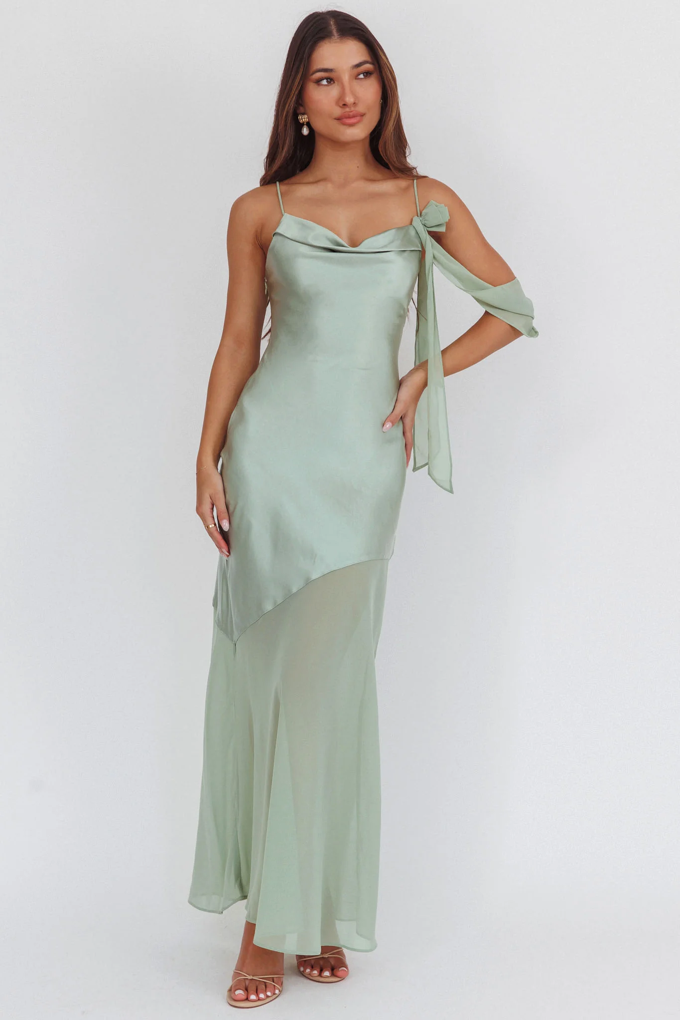 Gilded Dream Shoulder Detail Chiffon Hem Maxi Dress Sage - Image 4
