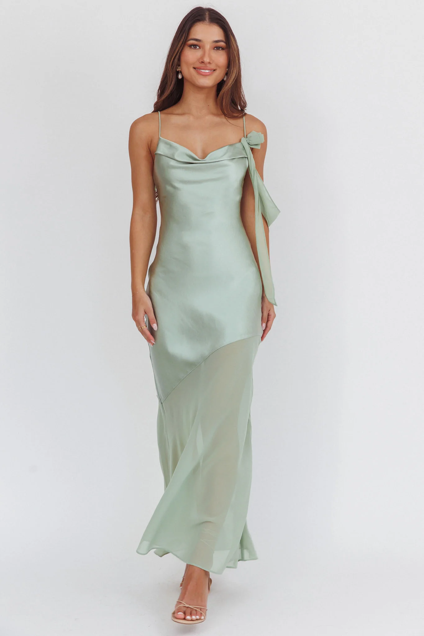 Gilded Dream Shoulder Detail Chiffon Hem Maxi Dress Sage - Image 5