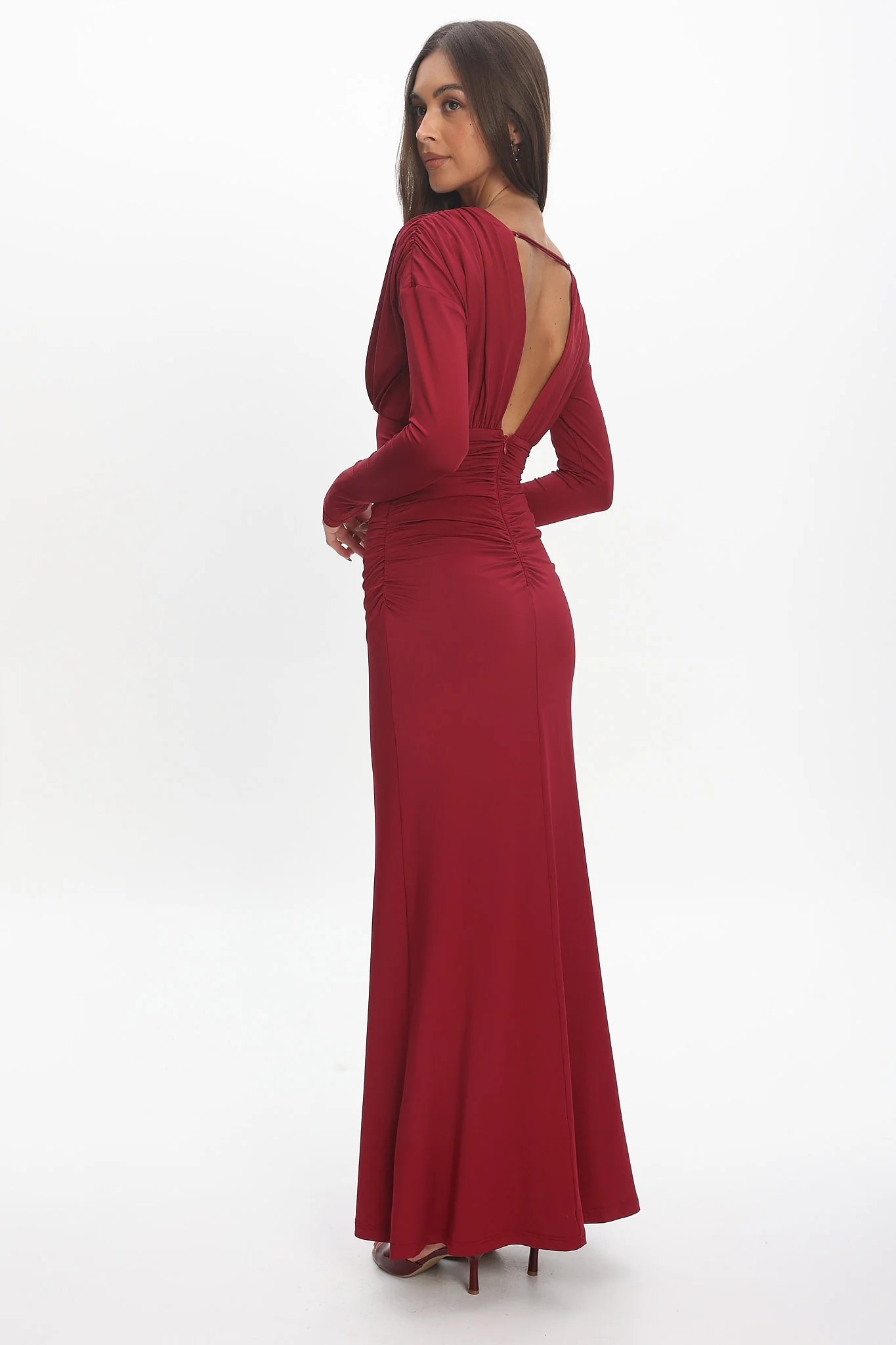Gilded Long Sleeve Ruched Maxi Dress Wine - Image 2