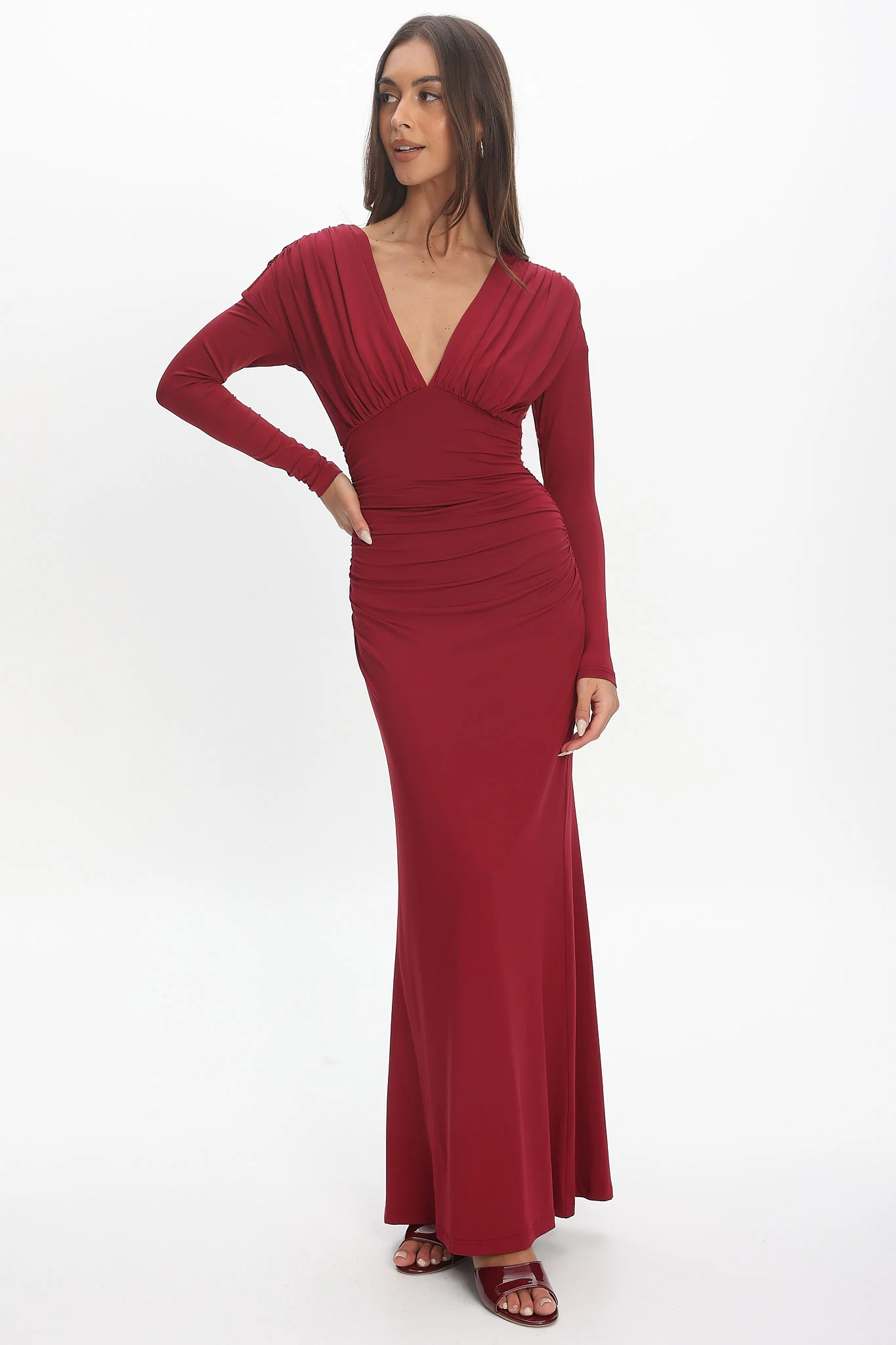 Gilded Long Sleeve Ruched Maxi Dress Wine - Image 4