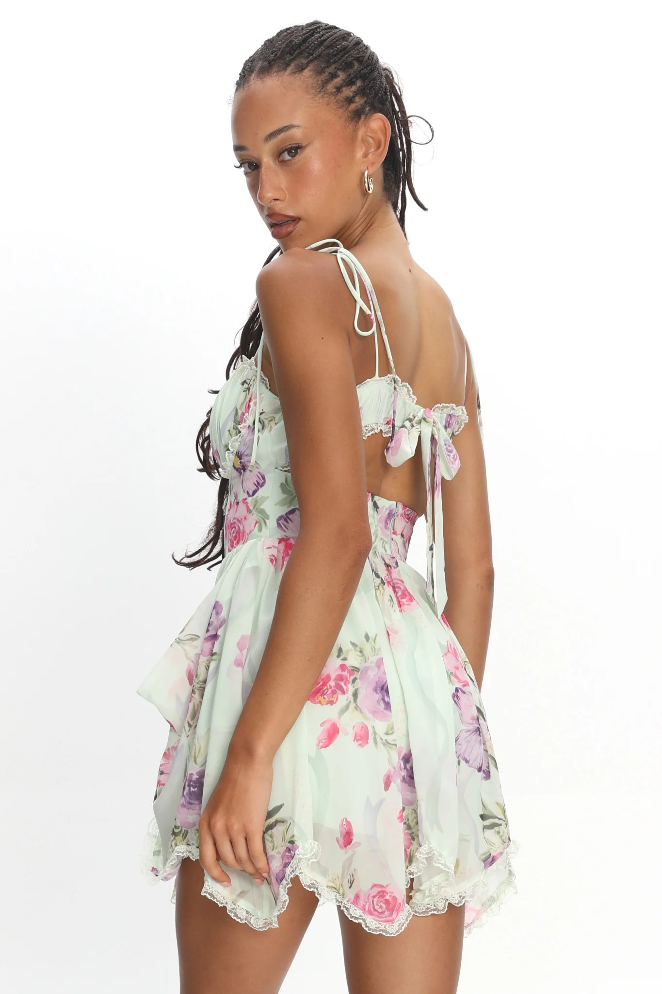 Gisora Tied Back Lace Trim Romper Floral Mint - Image 3