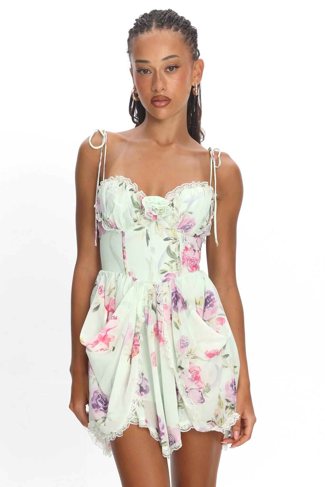 Gisora Tied Back Lace Trim Romper Floral Mint - Image 5