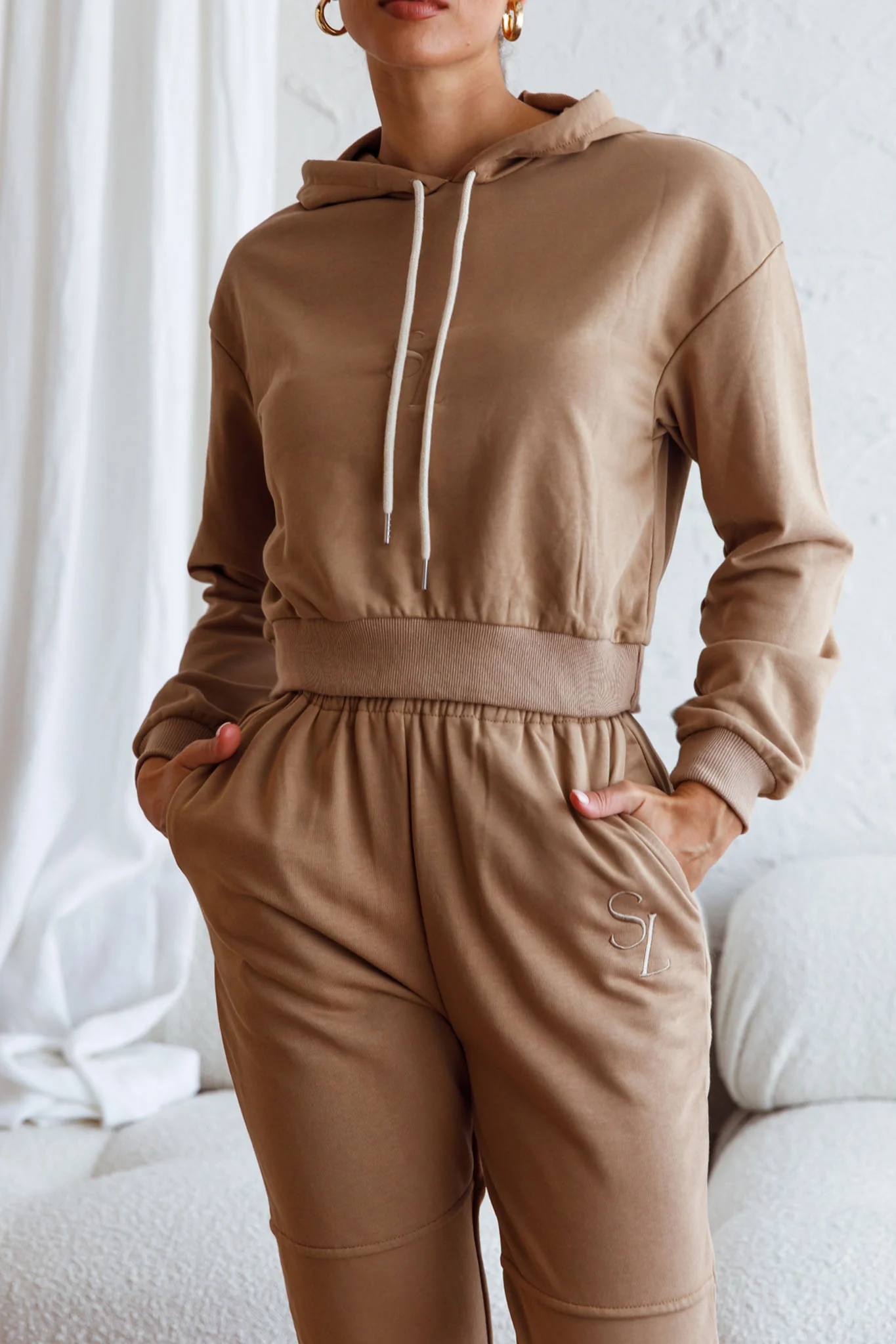 Glow Getter Drawstring Hood Embroidery Logo Hoodie Beige - Image 4