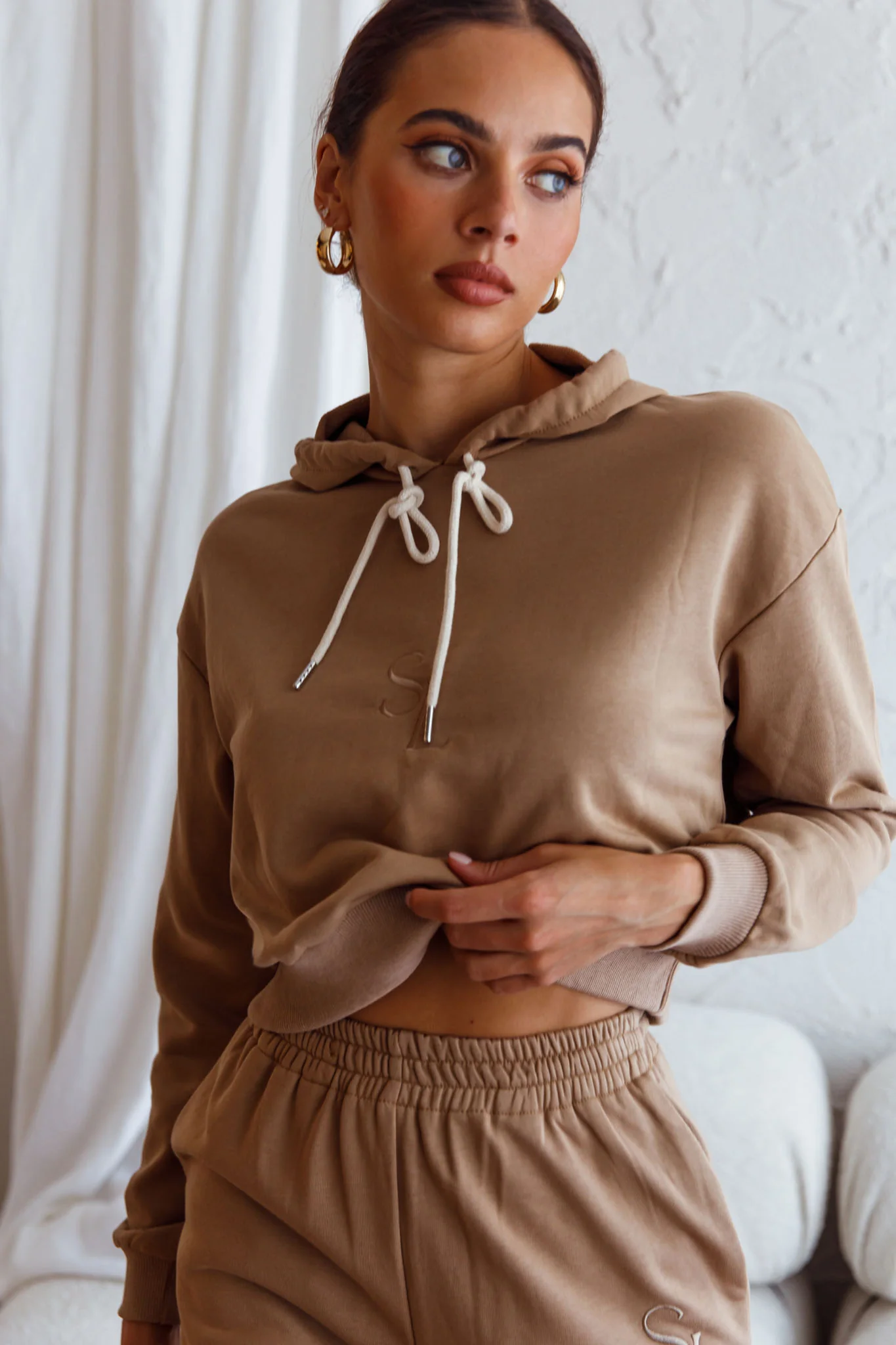 Glow Getter Drawstring Hood Embroidery Logo Hoodie Beige - Image 8