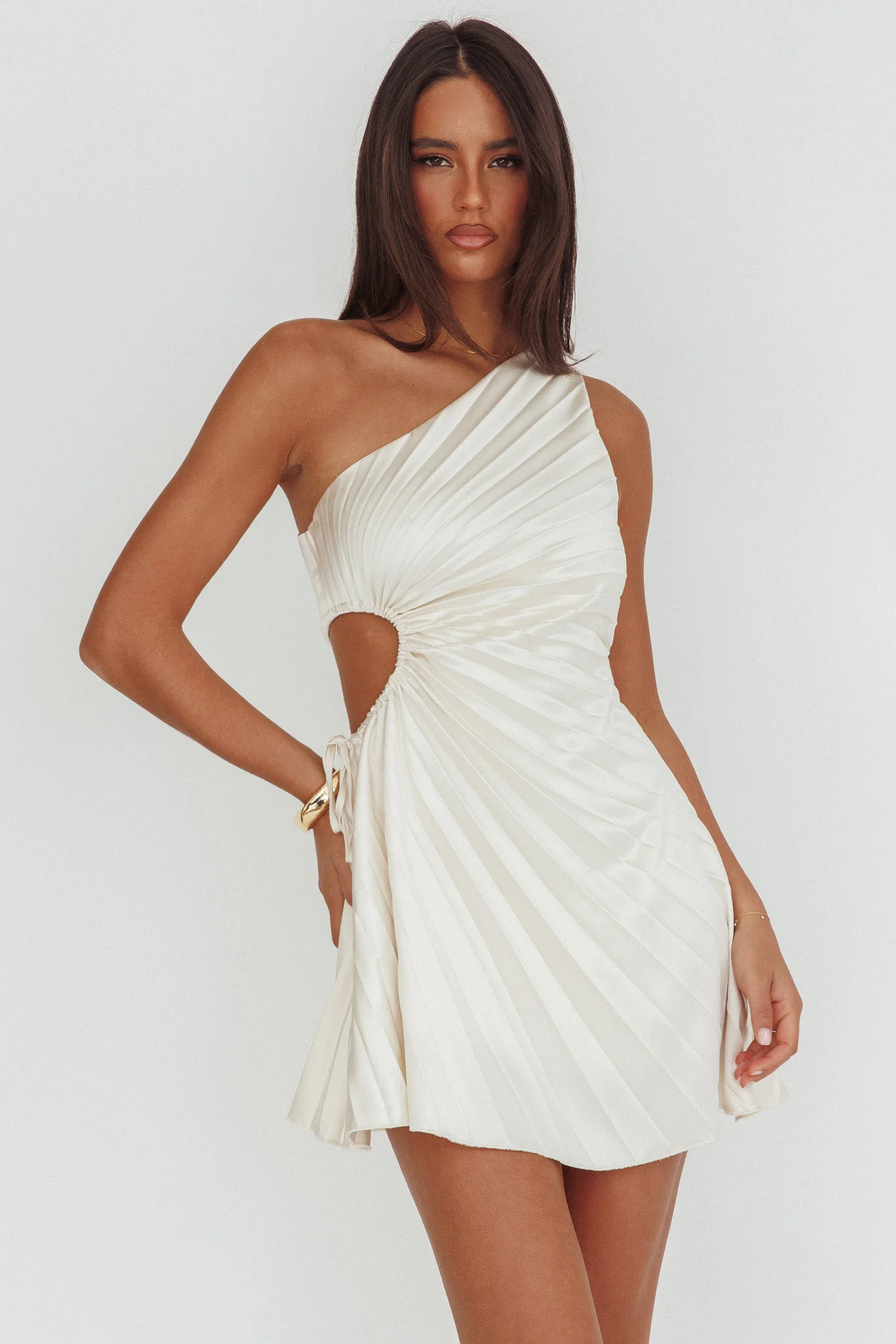 Glow Ray One-Shoulder Pleat Dress Champagne - Image 10