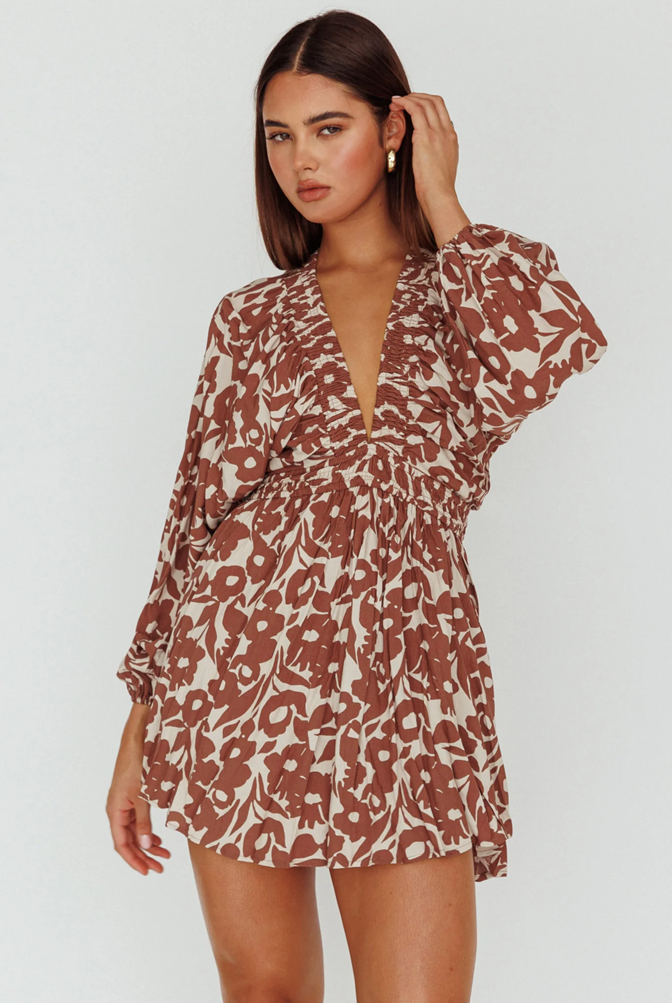 Going Your Way Long Sleeve Mini Dress Floral Brown - Image 5